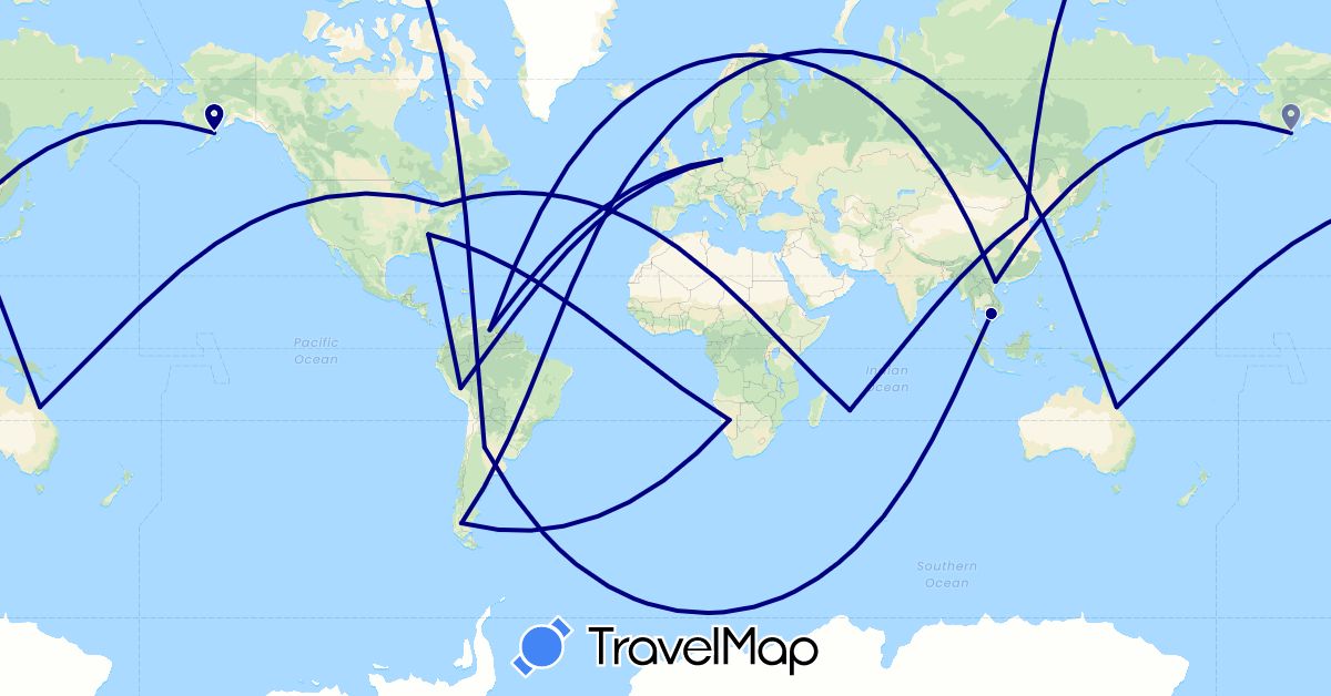 TravelMap itinerary: driving in Argentina, Australia, China, United Kingdom, Cambodia, Mauritius, Namibia, Peru, Poland, United States, Venezuela, Vietnam (Africa, Asia, Europe, North America, Oceania, South America)